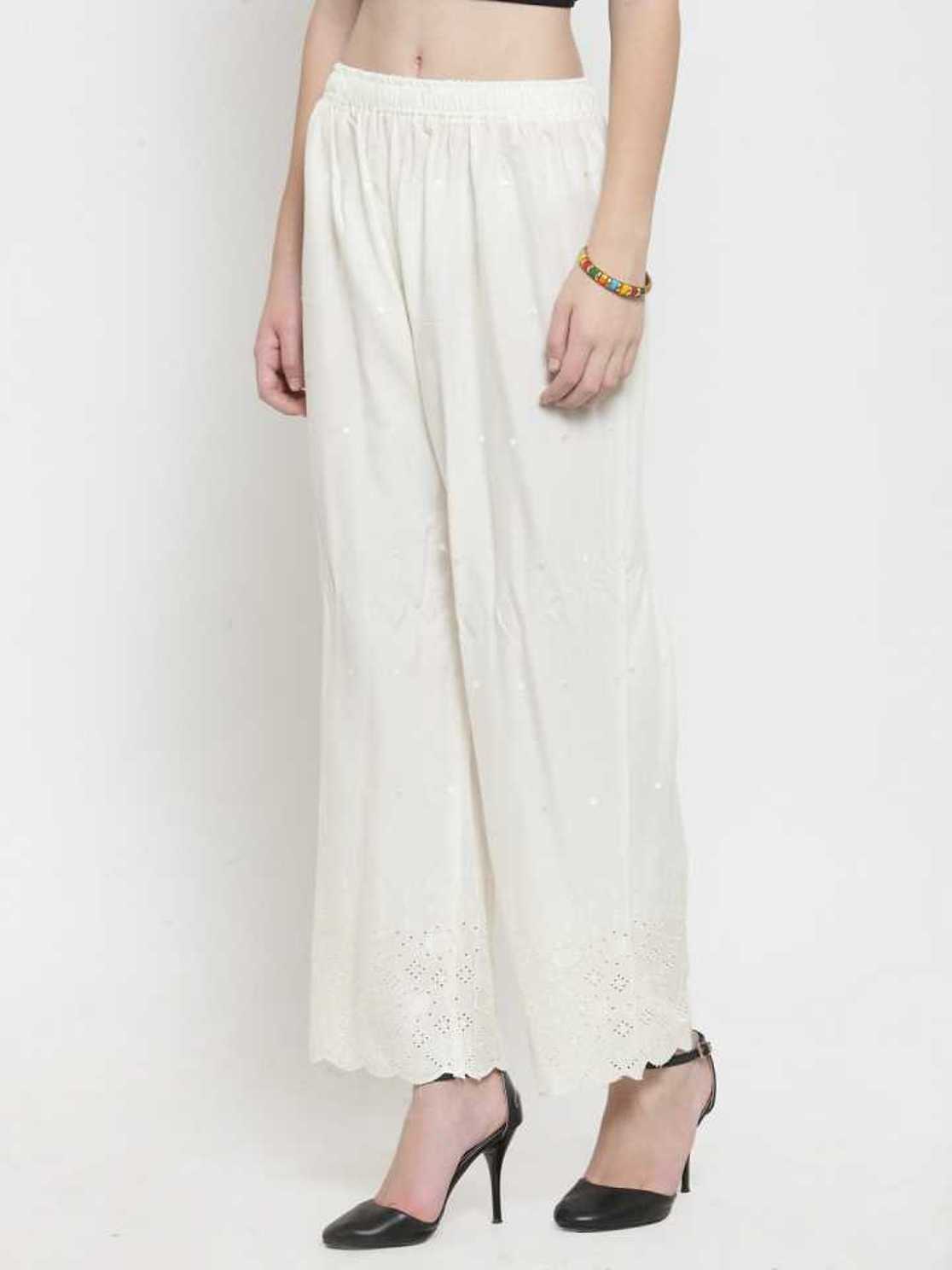 PAVONINE Off-White Color Half Schiffli Chikankari Rayon Fabric Palazzo For Women | Grocsy