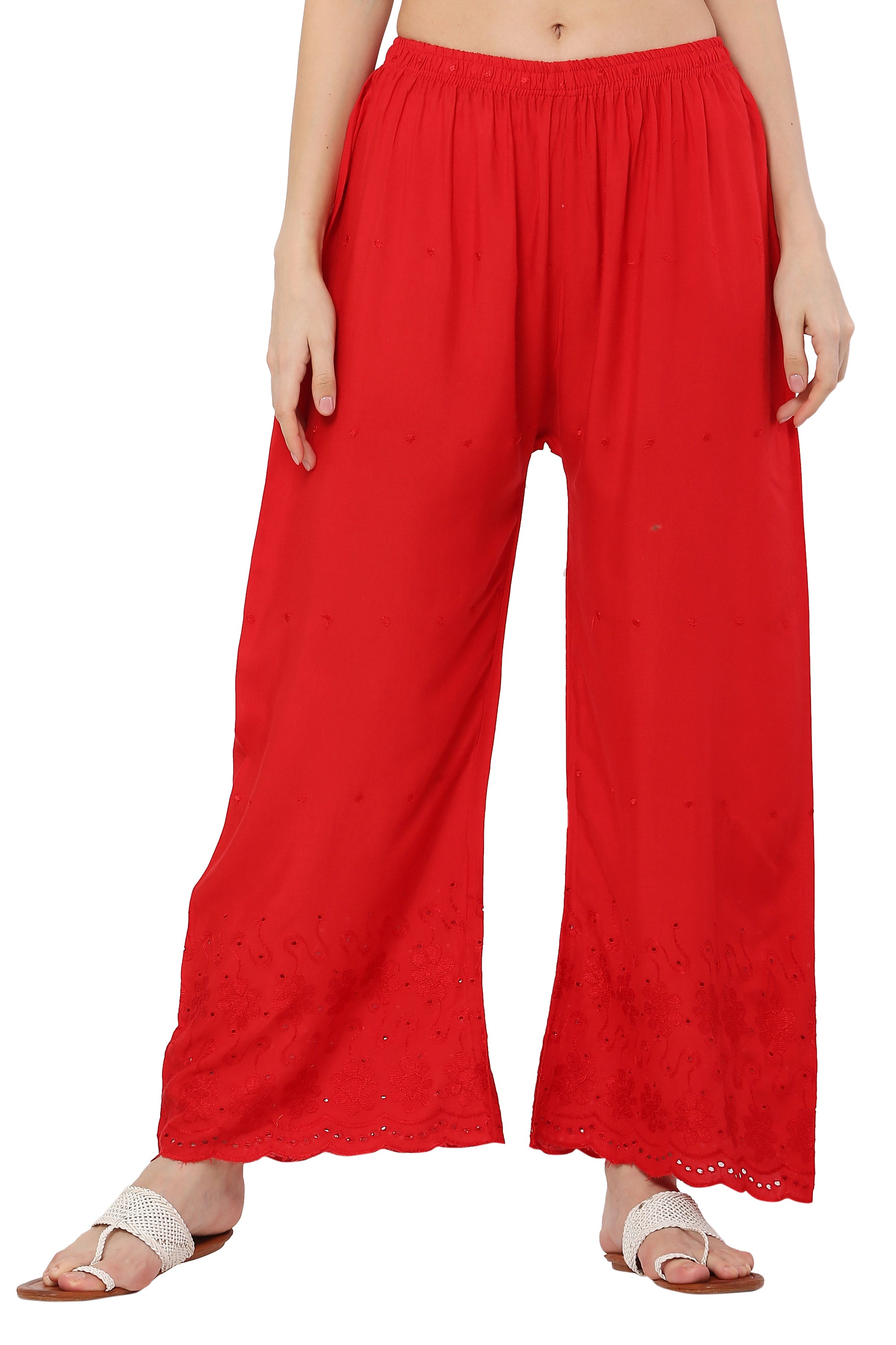 PAVONINE Red Color Half Schiffli Chikankari Rayon Fabric Sharara For Women | Grocsy