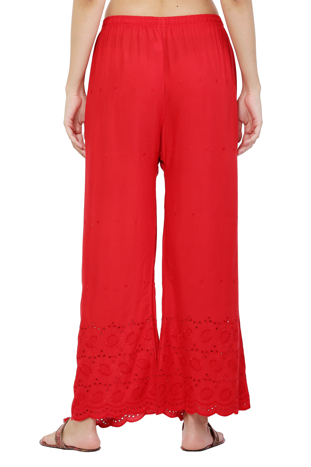 PAVONINE Red Color Half Schiffli Chikankari Rayon Fabric Sharara For Women | Grocsy