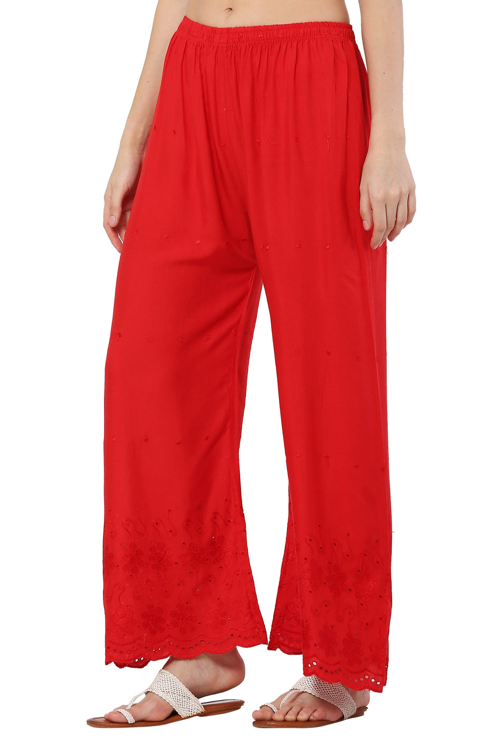 PAVONINE Red Color Half Schiffli Chikankari Rayon Fabric Palazzo For Women | Grocsy
