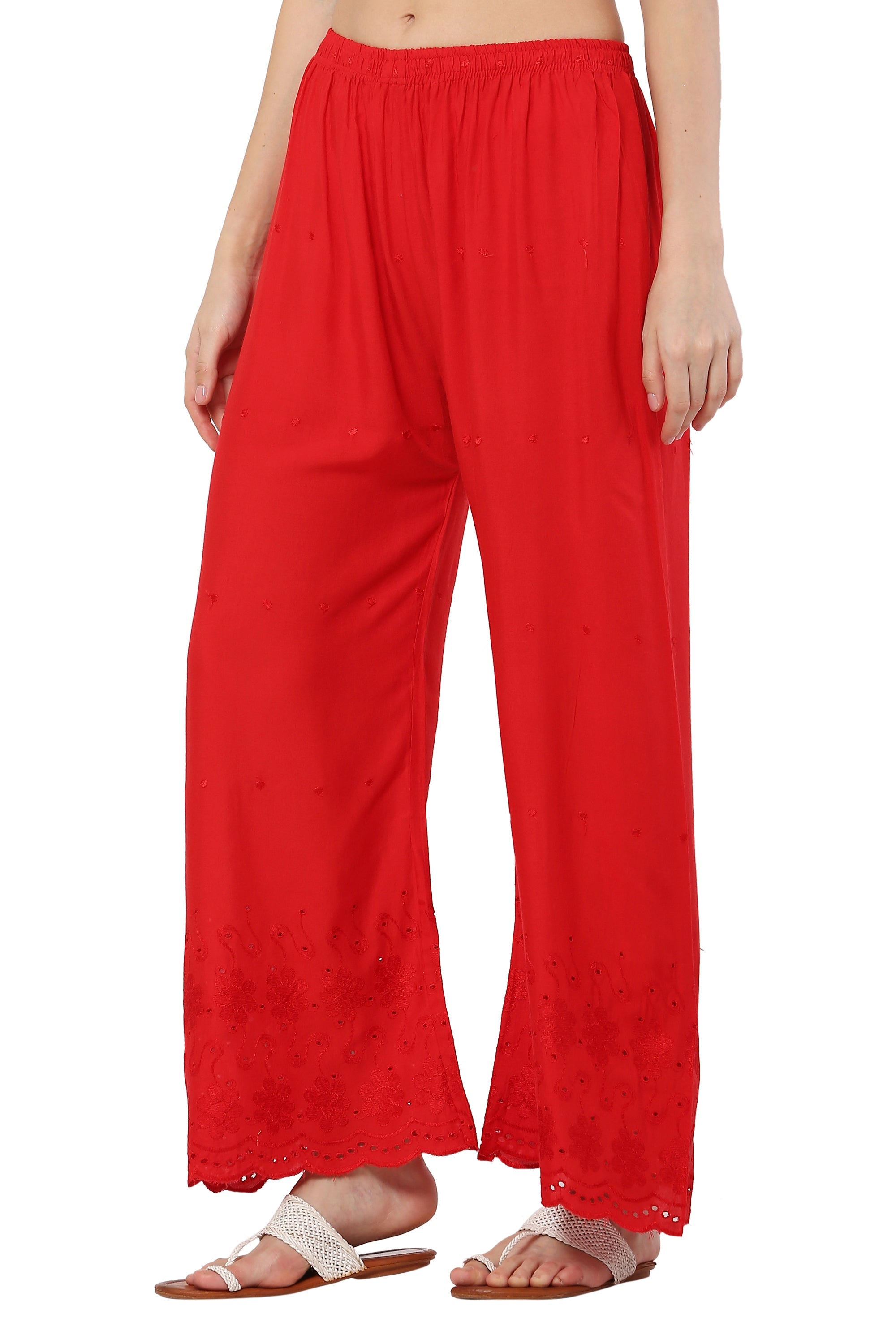 PAVONINE Red Color Half Schiffli Chikankari Rayon Fabric Palazzo For Women | Grocsy