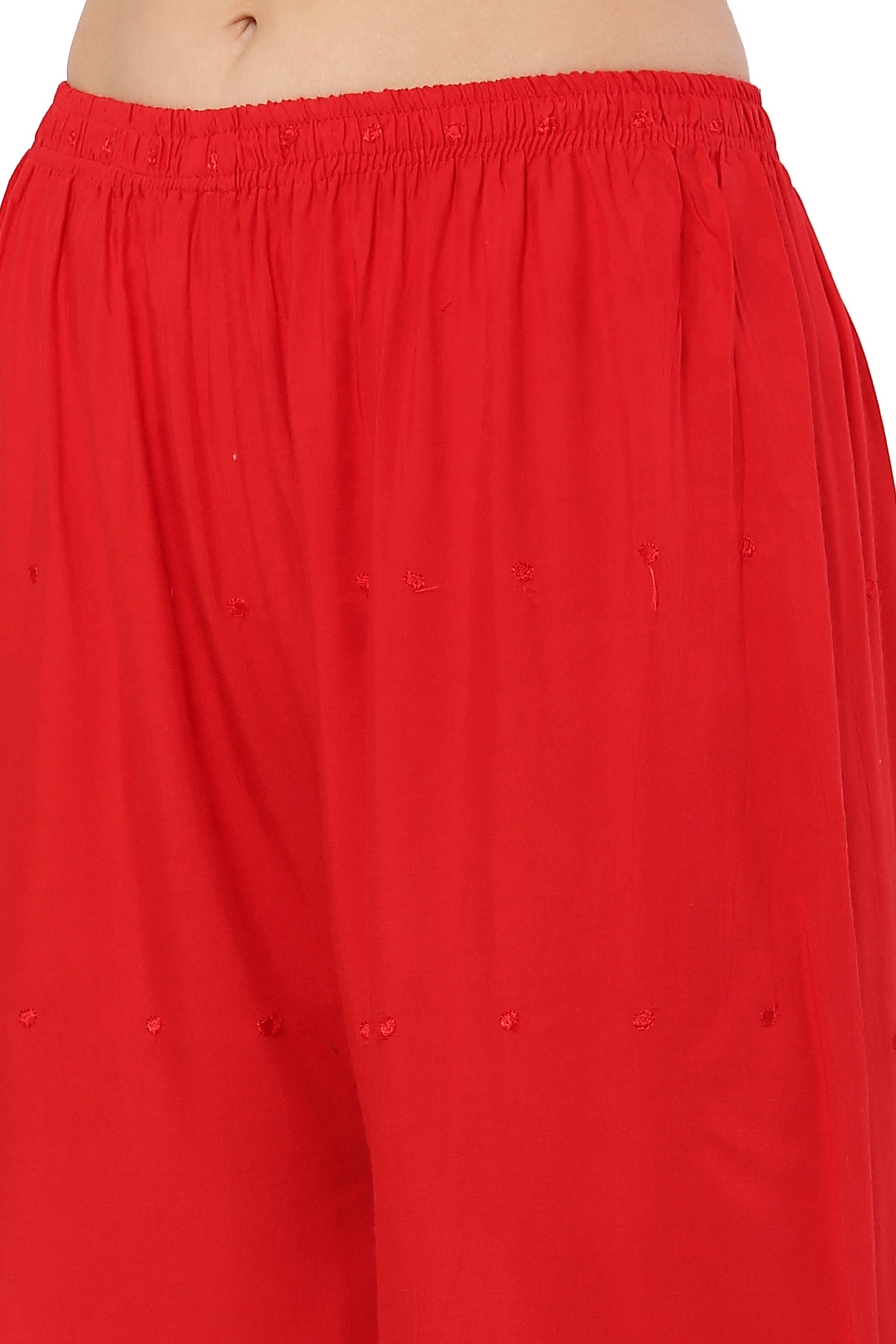 PAVONINE Red Color Half Schiffli Chikankari Rayon Fabric Palazzo For Women | Grocsy