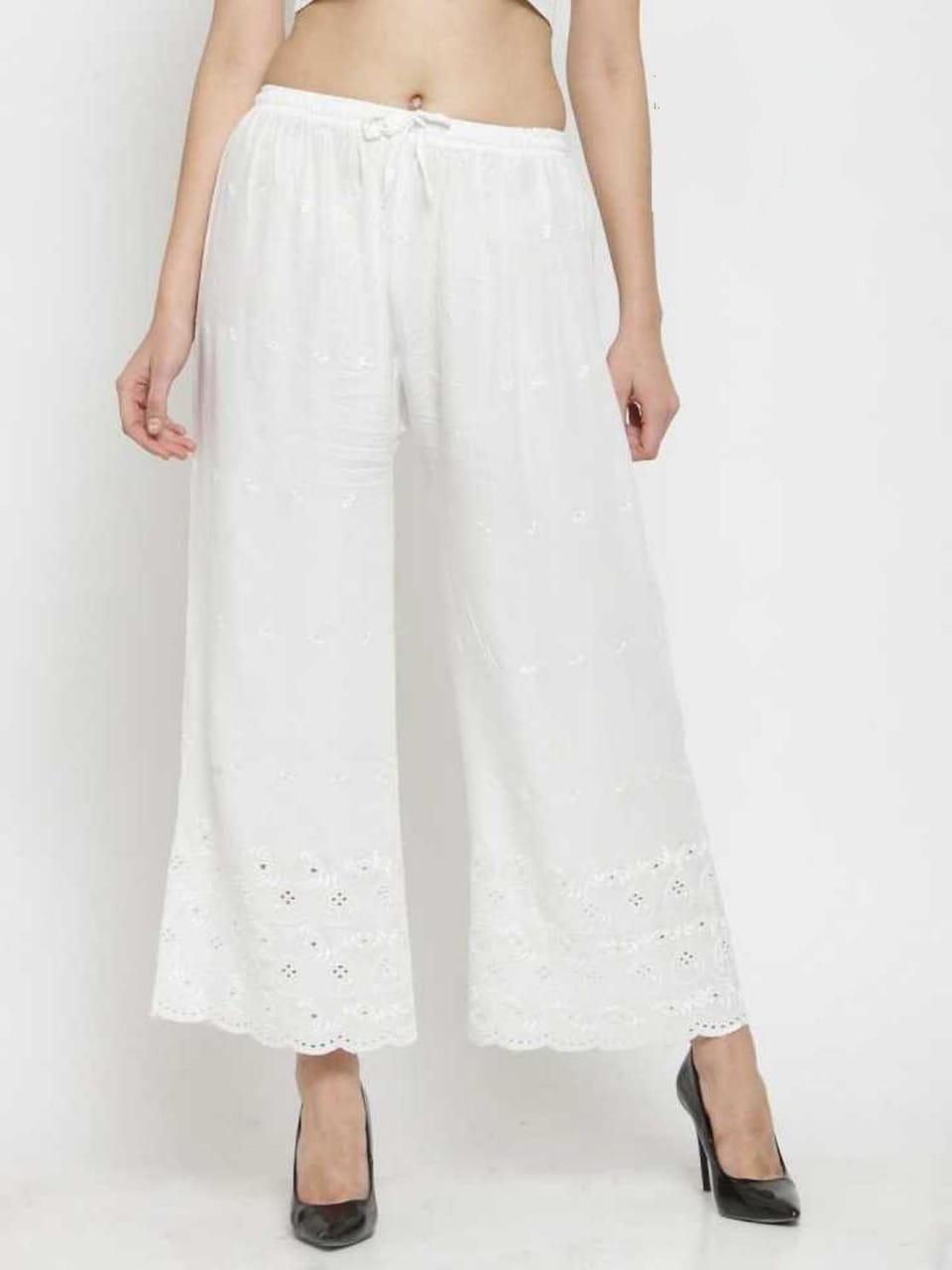 PAVONINE White Color Half Schiffli Chikankari Rayon Fabric Palazzo For Women | Grocsy