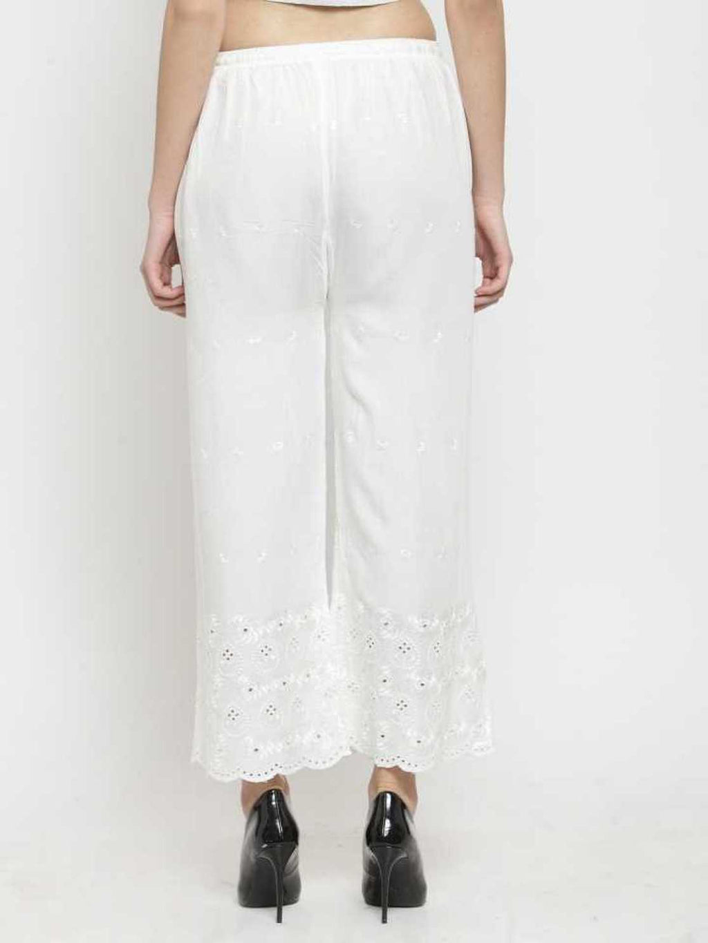 PAVONINE White Color Half Schiffli Chikankari Rayon Fabric Palazzo For Women | Grocsy