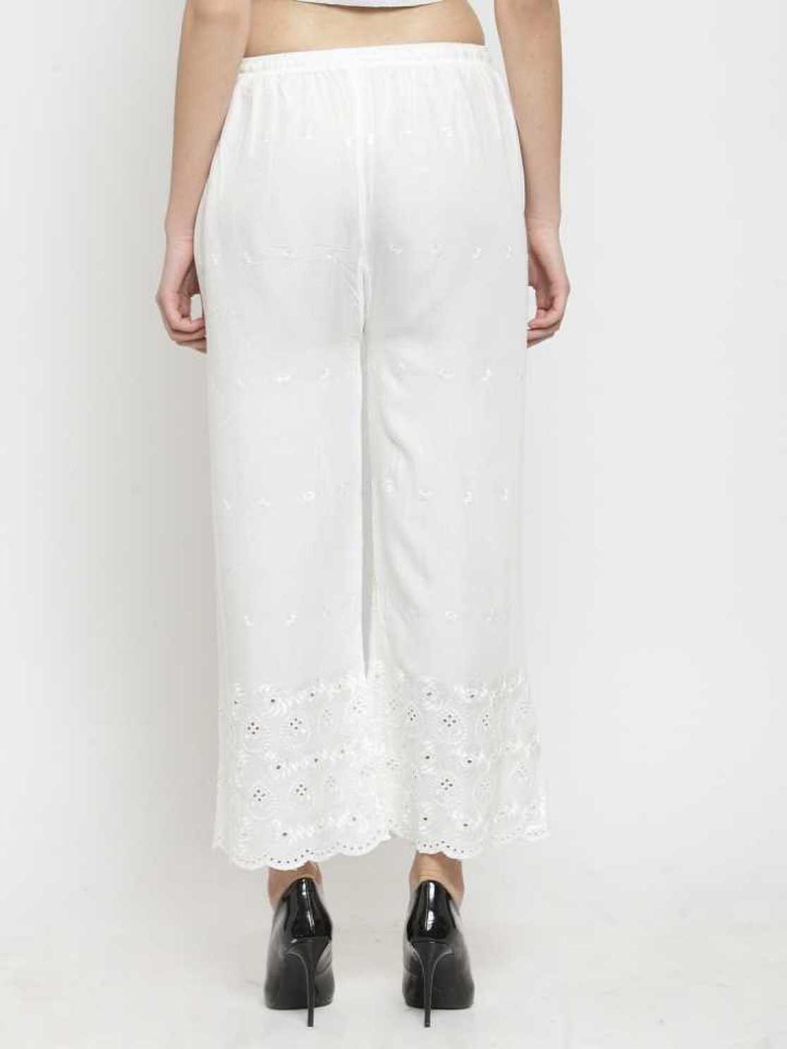 PAVONINE White Color Half Schiffli Chikankari Rayon Fabric Palazzo For Women | Grocsy
