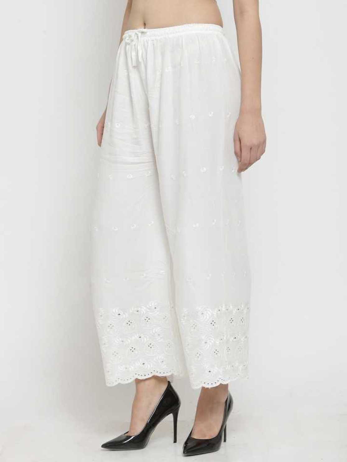 PAVONINE White Color Half Schiffli Chikankari Rayon Fabric Palazzo For Women | Grocsy