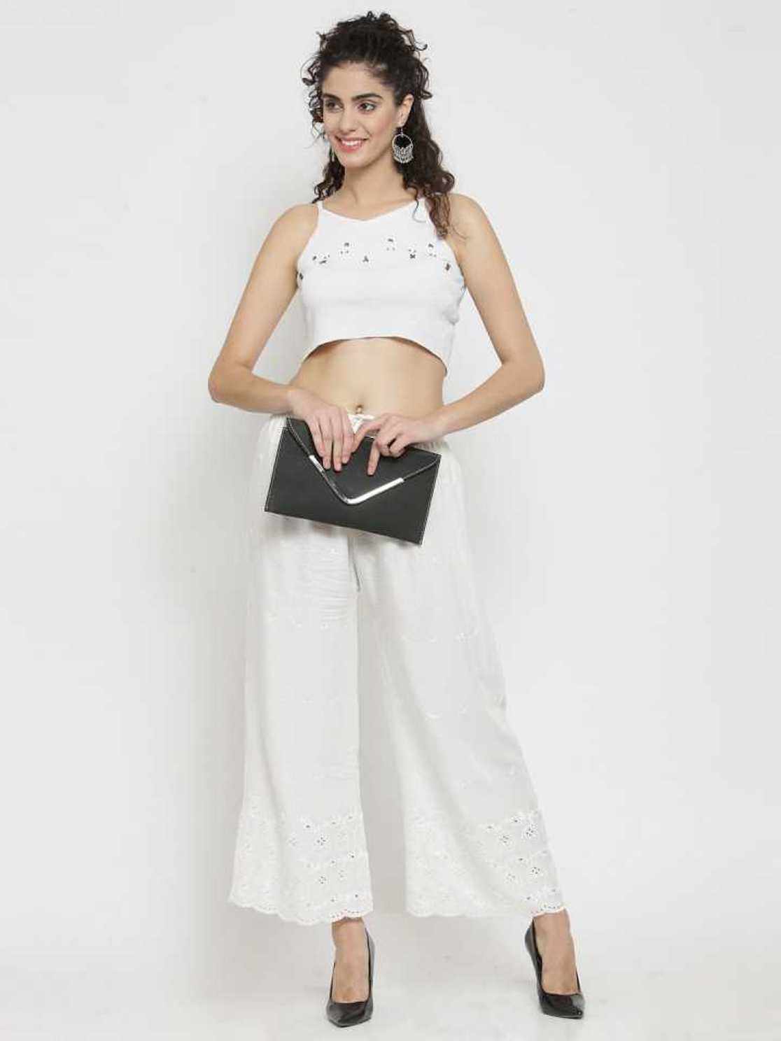 PAVONINE Off-White Color Half Schiffli Chikankari Rayon Fabric Sharara For Women | Grocsy