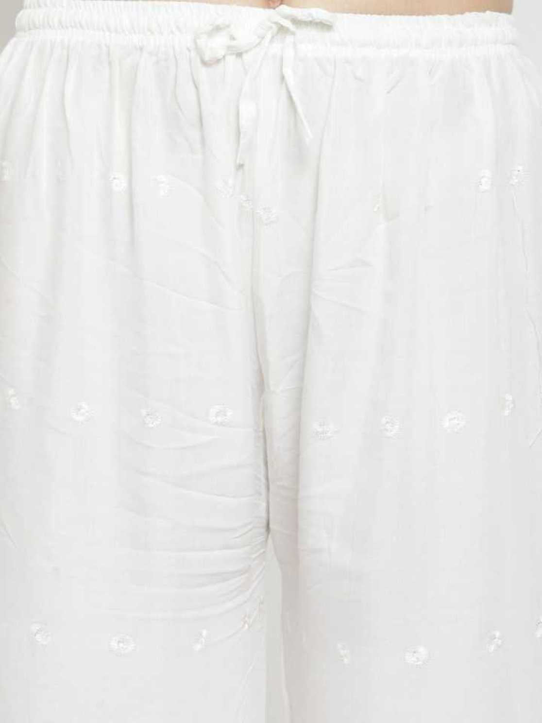 PAVONINE White Color Half Schiffli Chikankari Rayon Fabric Palazzo For Women | Grocsy