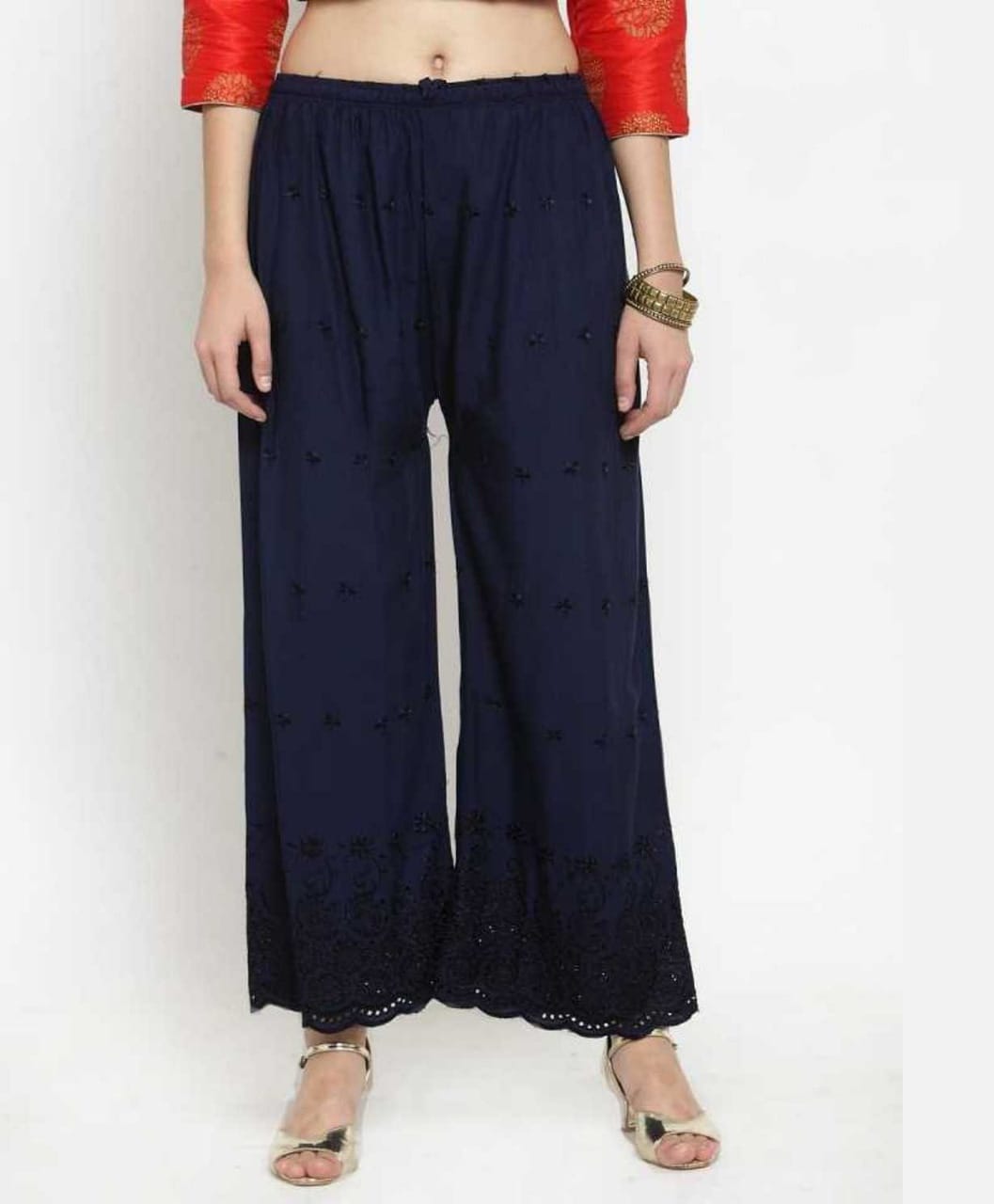PAVONINE Navy Blue Color Half Schiffli Chikankari Rayon Fabric Palazzo For Women | Grocsy