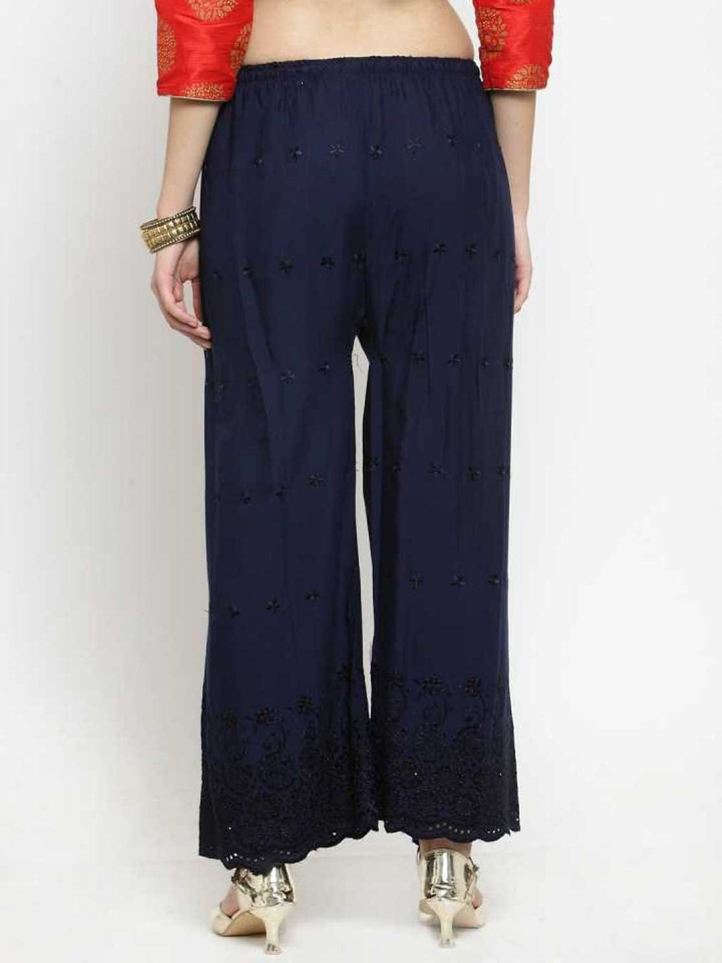 PAVONINE Navy Blue Color Half Schiffli Chikankari Rayon Fabric Palazzo For Women | Grocsy