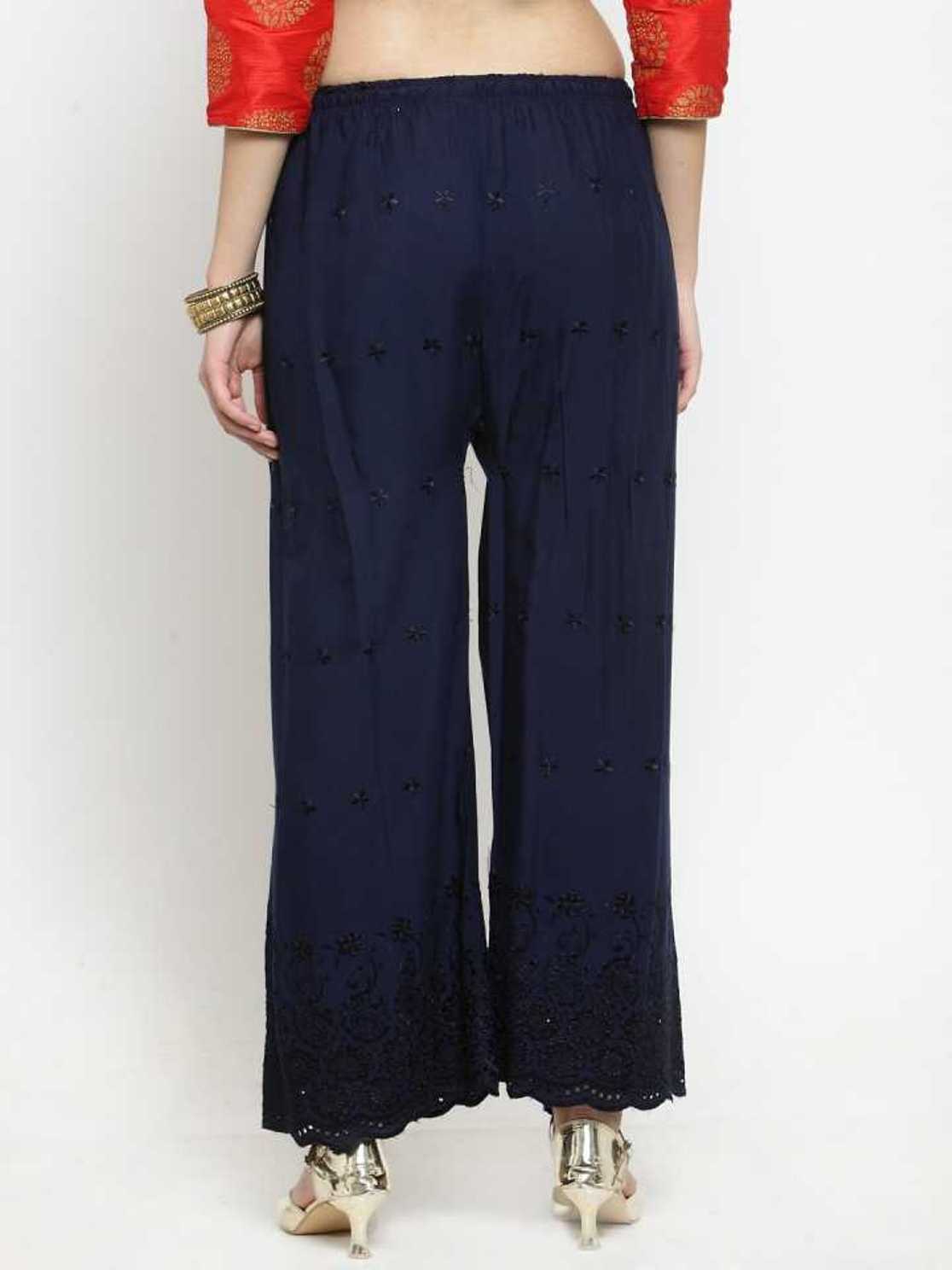 PAVONINE Navy Blue Color Half Schiffli Chikankari Rayon Fabric Palazzo For Women | Grocsy