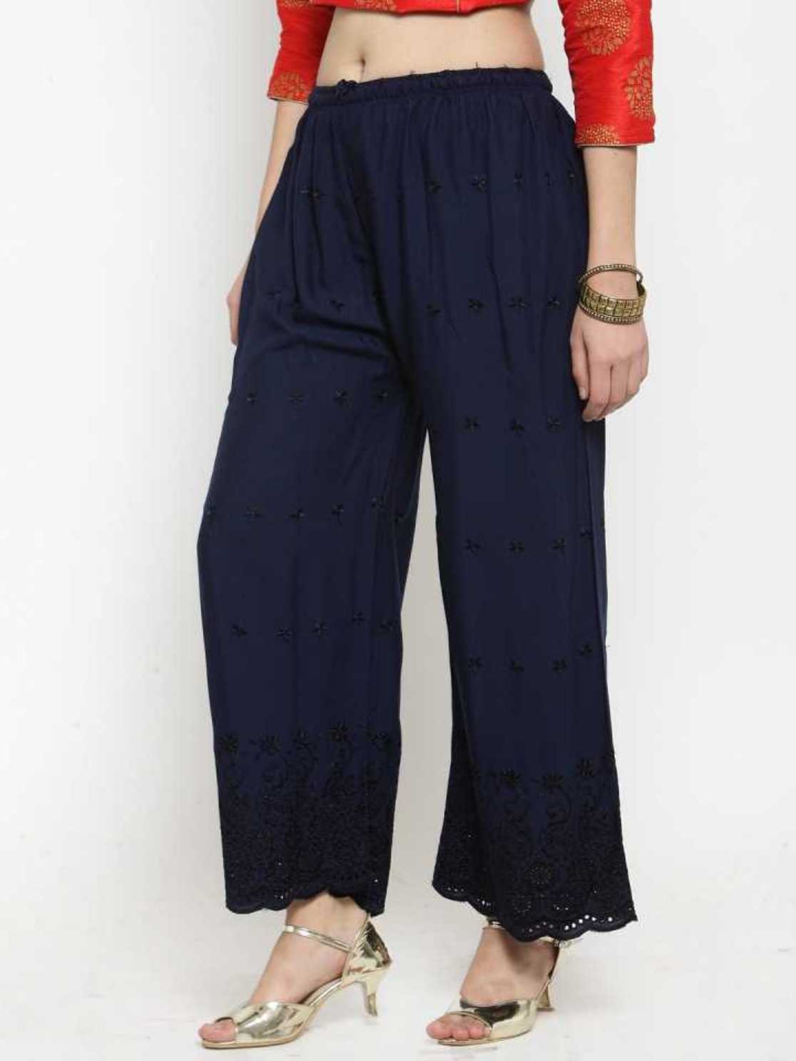 PAVONINE Navy Blue Color Half Schiffli Chikankari Rayon Fabric Palazzo For Women | Grocsy