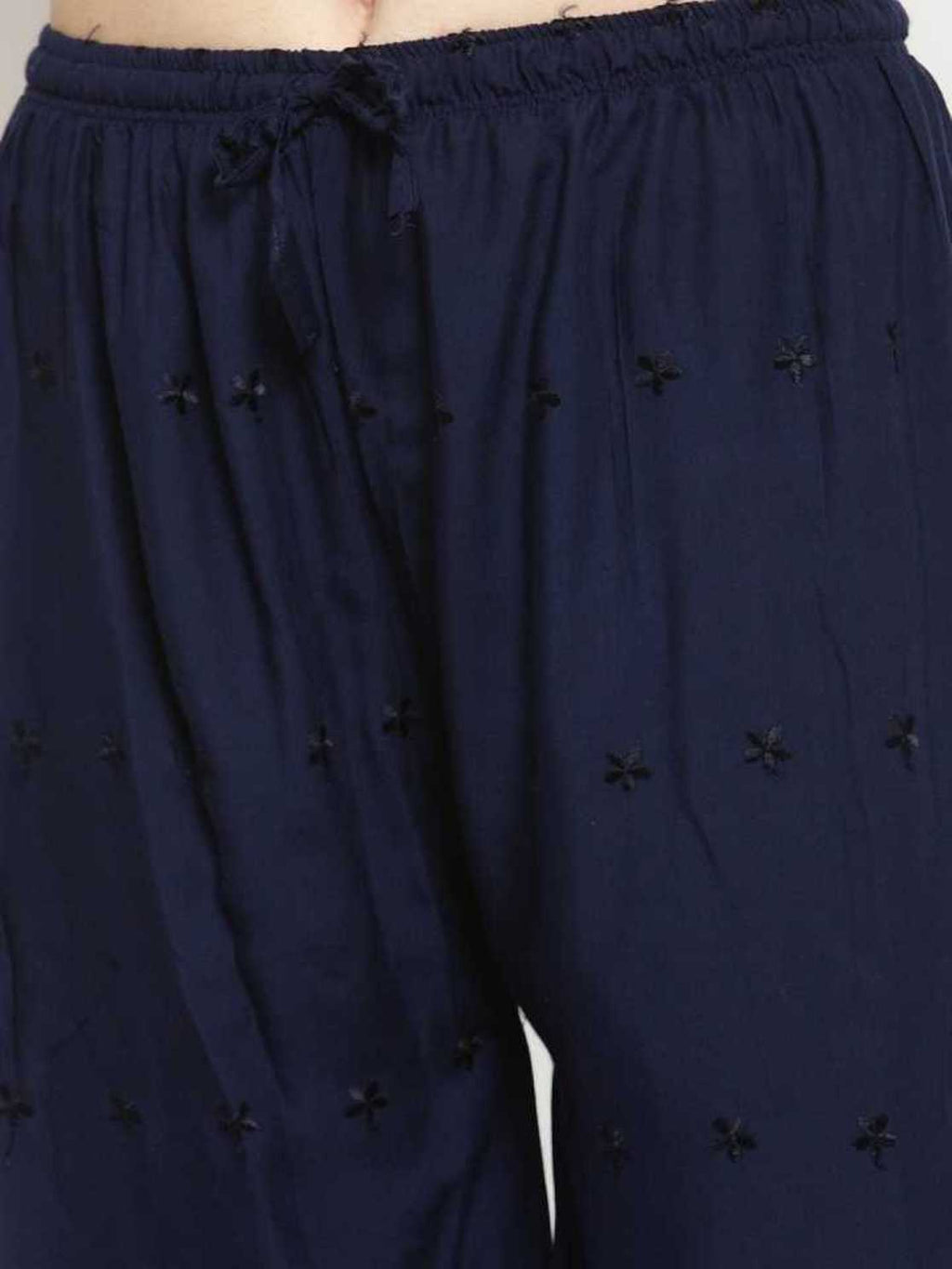 PAVONINE Navy Blue Color Half Schiffli Chikankari Rayon Fabric Sharara For Women | Grocsy