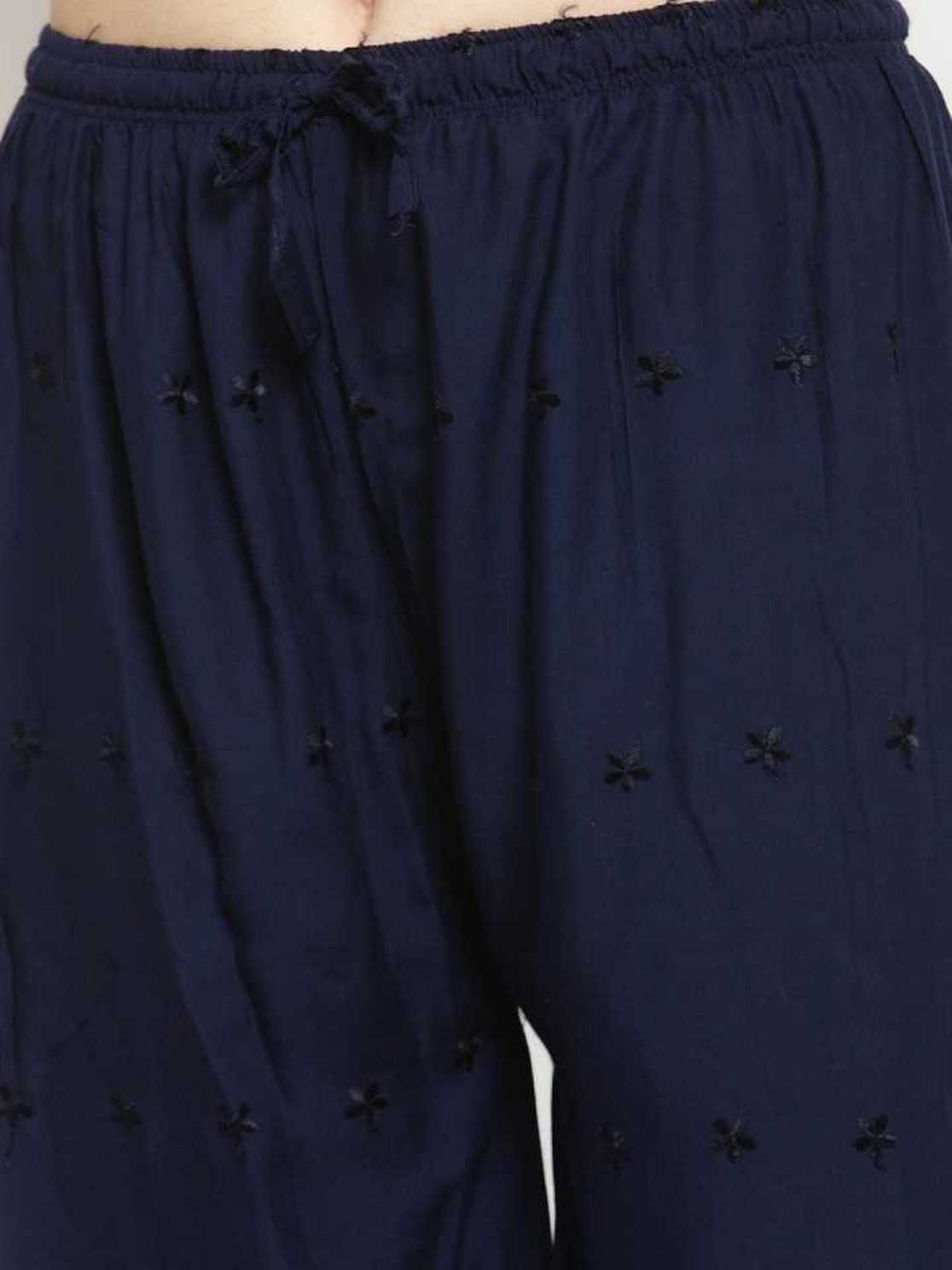 PAVONINE Navy Blue Color Half Schiffli Chikankari Rayon Fabric Sharara For Women | Grocsy