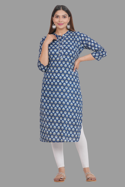 House of RP Women's Blue Cotton Floral Print Straight Kurta | Grocsy
