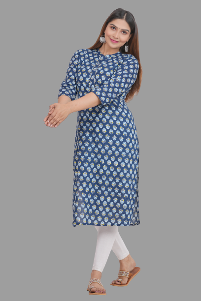 House of RP Women's Blue Cotton Floral Print Straight Kurta | Grocsy