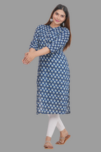 House of RP Women's Blue Cotton Floral Print Straight Kurta | Grocsy