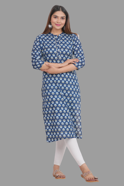 House of RP Women's Blue Cotton Floral Print Straight Kurta | Grocsy