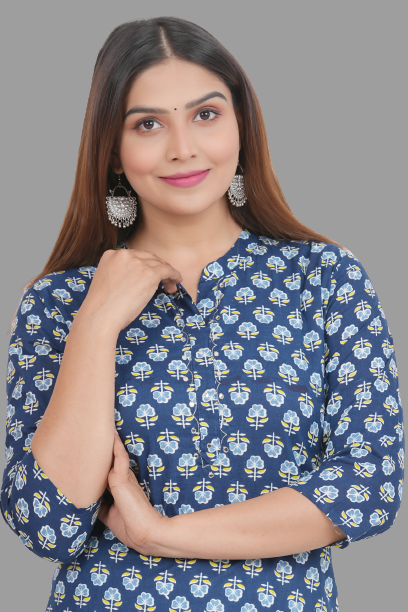 House of RP Women's Blue Cotton Floral Print Straight Kurta | Grocsy