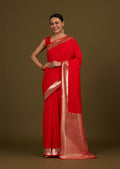 Monjolika Fashion Red Woven Silk Blend SareeWith Zari Work & Floral Motifs | Grocsy