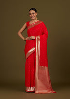Monjolika Fashion Red Woven Silk Blend SareeWith Zari Work & Floral Motifs | Grocsy