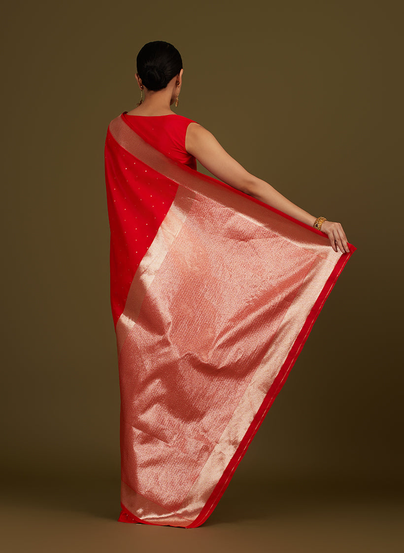 Monjolika Fashion Red Woven Silk Blend SareeWith Zari Work & Floral Motifs | Grocsy