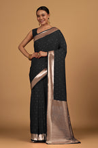Monjolika Fashion Black Color Elegant Banarasi Silk SareeWith Gold Zari Weaving Work | Grocsy