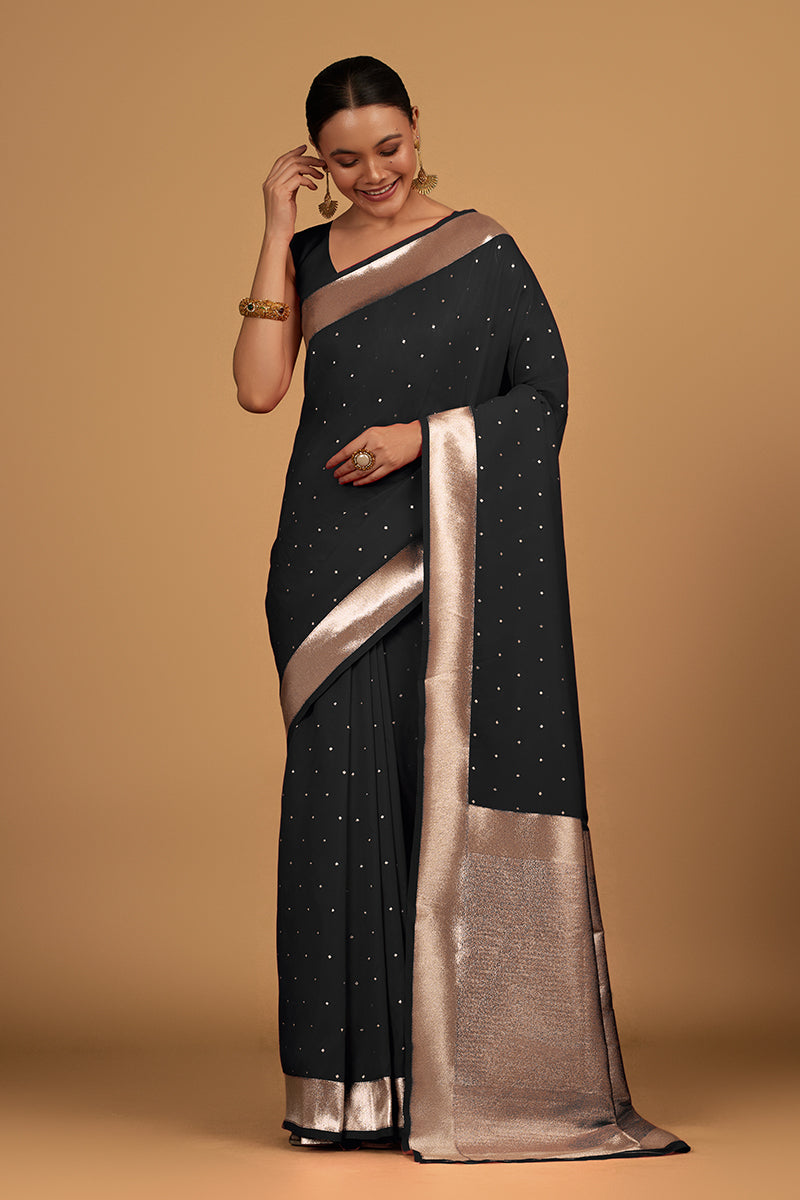 Monjolika Fashion Black Color Elegant Banarasi Silk SareeWith Gold Zari Weaving Work | Grocsy