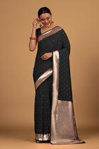 Monjolika Fashion Black Color Elegant Banarasi Silk SareeWith Gold Zari Weaving Work | Grocsy