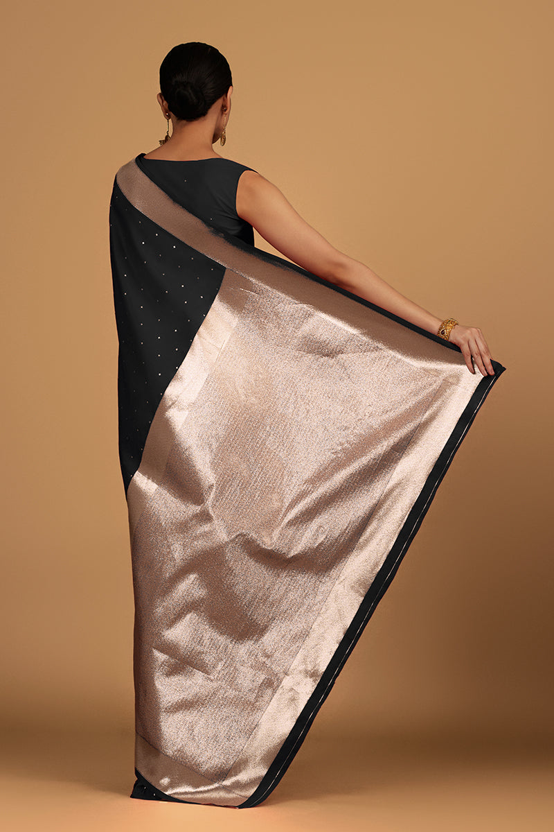 Monjolika Fashion Black Color Elegant Banarasi Silk SareeWith Gold Zari Weaving Work | Grocsy