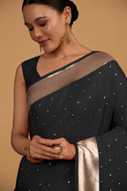 Monjolika Fashion Black Color Elegant Banarasi Silk SareeWith Gold Zari Weaving Work | Grocsy