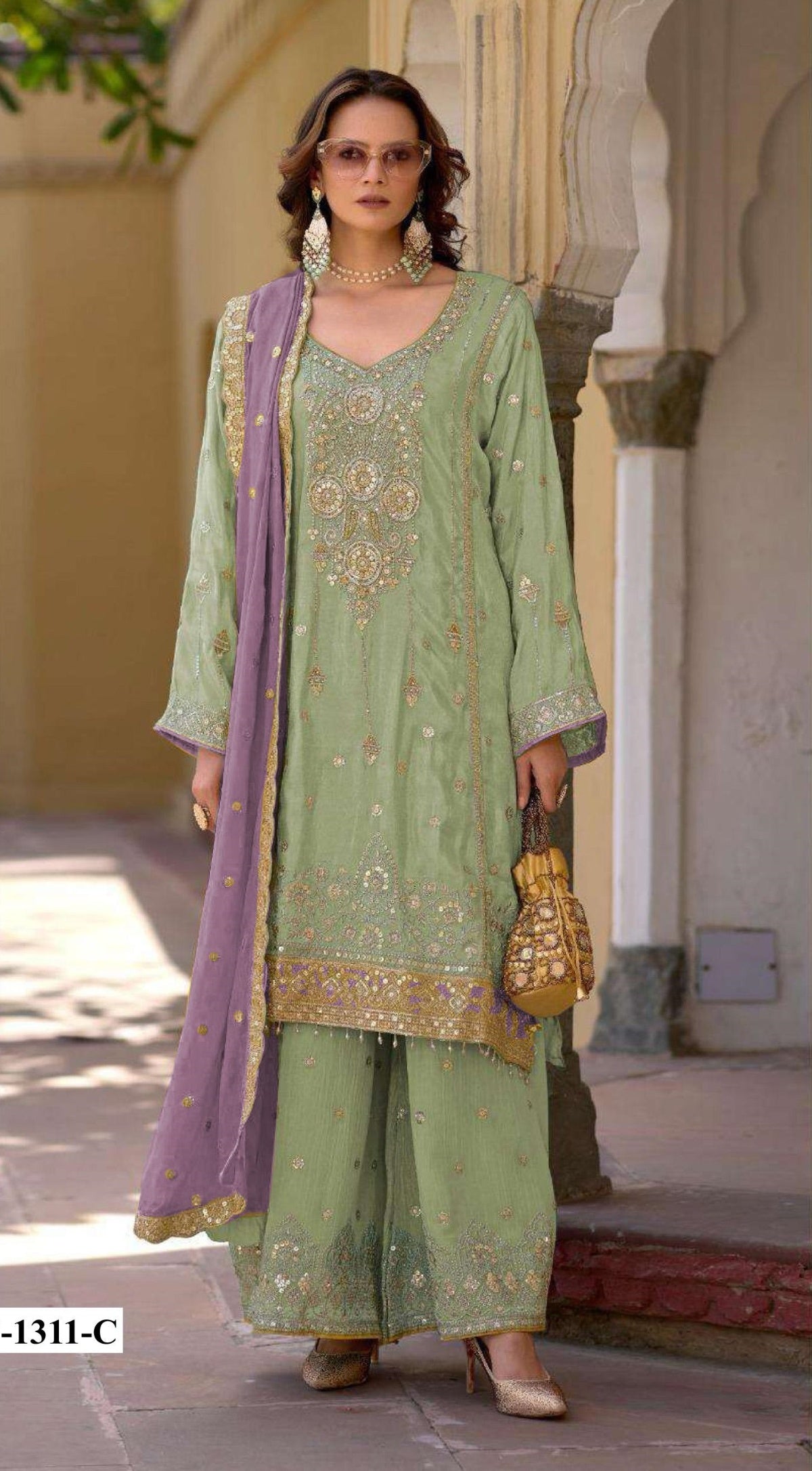 Anaita Sea Green Heavy Chinon Suit With Embroidery Bits Work | Grocsy