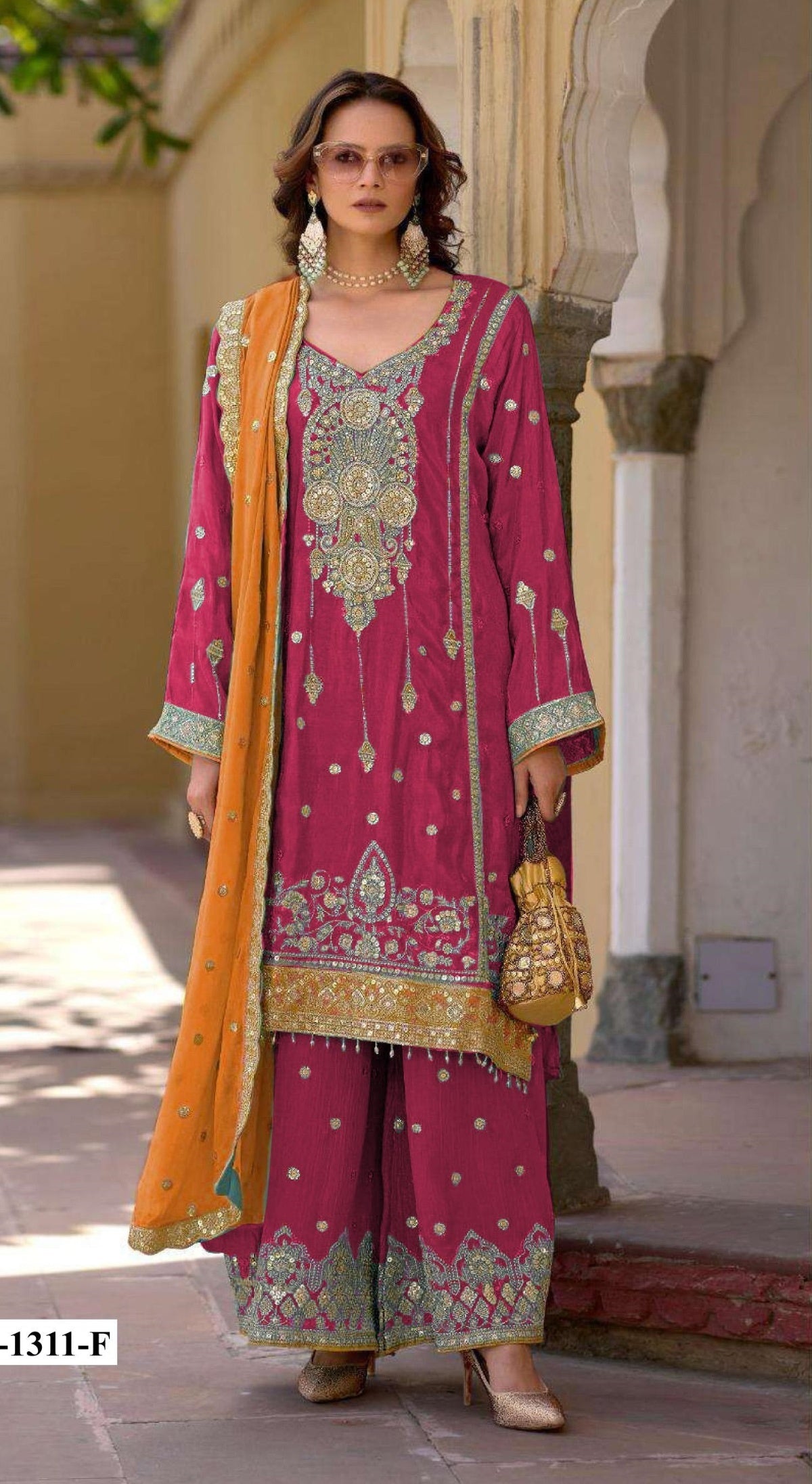 Anaita Red Heavy Chinon Suit With Embroidery Bits Work | Grocsy