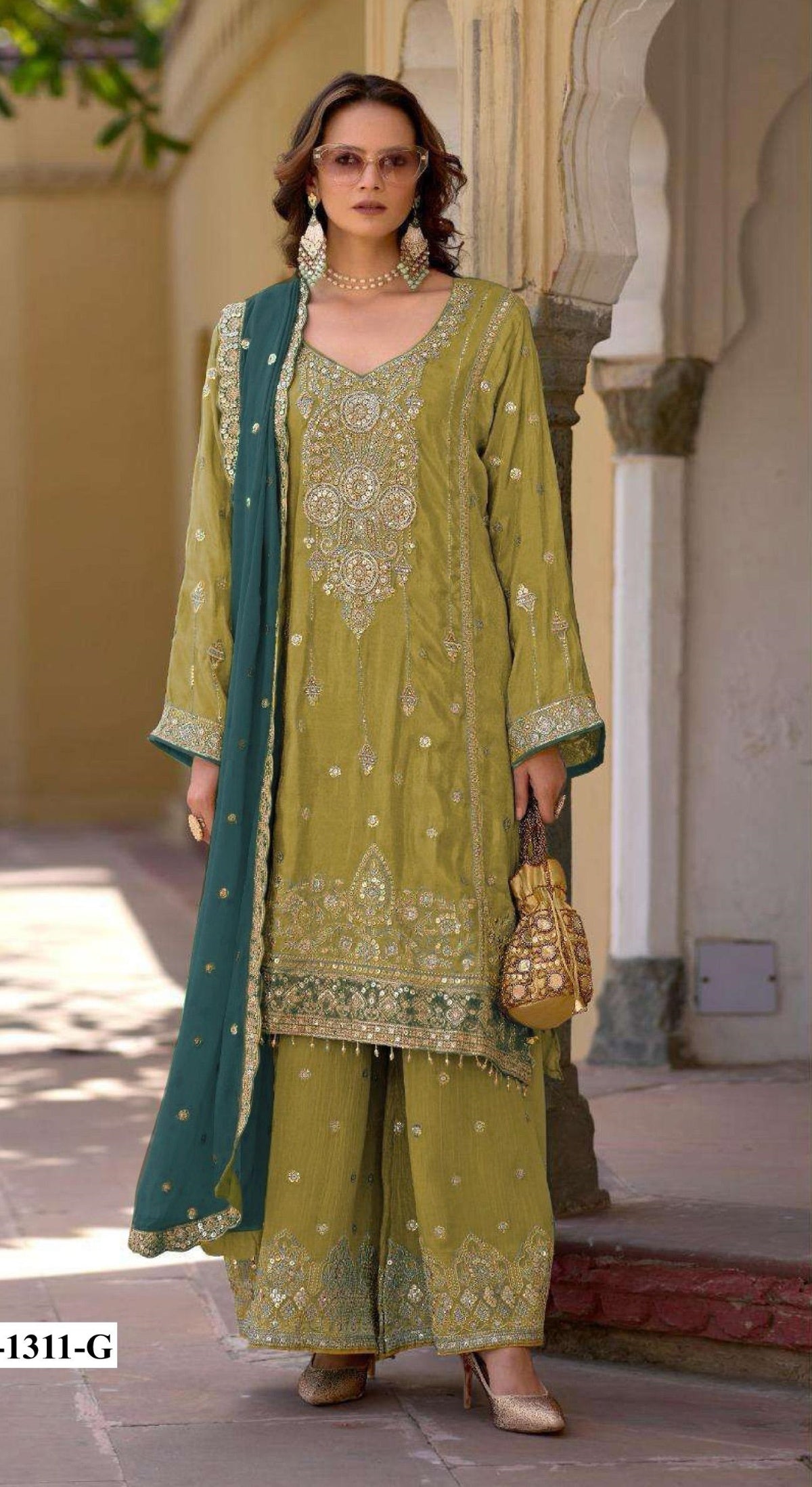 Anaita Green Heavy Chinon Suit With Embroidery Bits Work | Grocsy