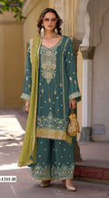 Anaita Teal Green Heavy Chinon Suit With Embroidery Bits Work | Grocsy