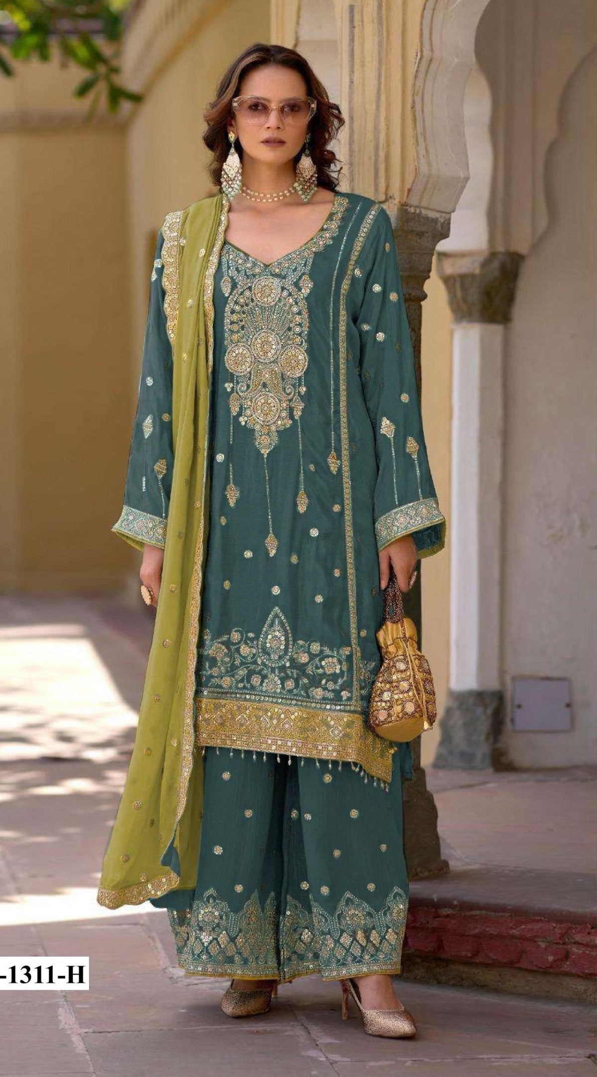 Anaita Teal Green Heavy Chinon Suit With Embroidery Bits Work | Grocsy