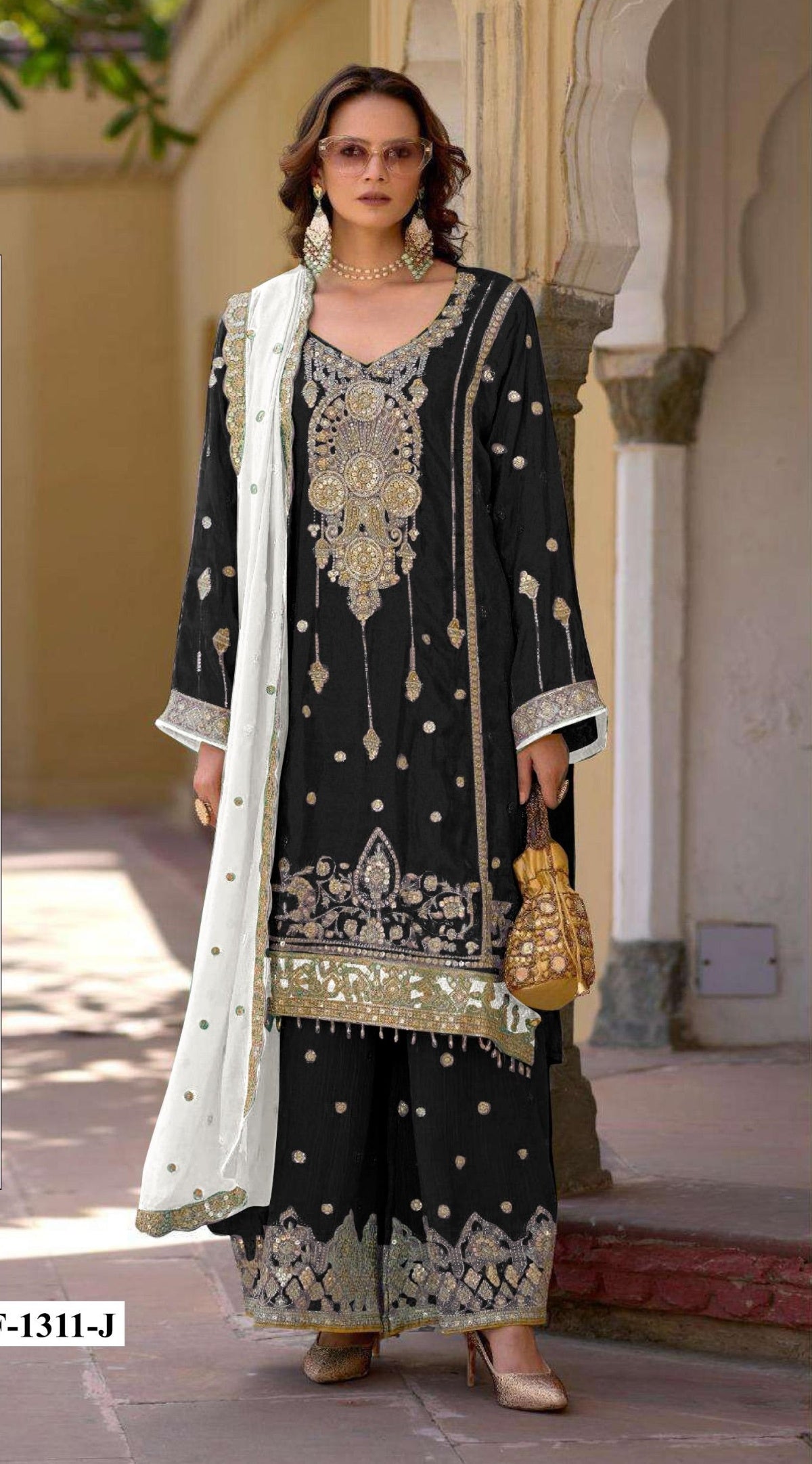 Anaita Black Heavy Chinon Suit With Embroidery Bits Work | Grocsy