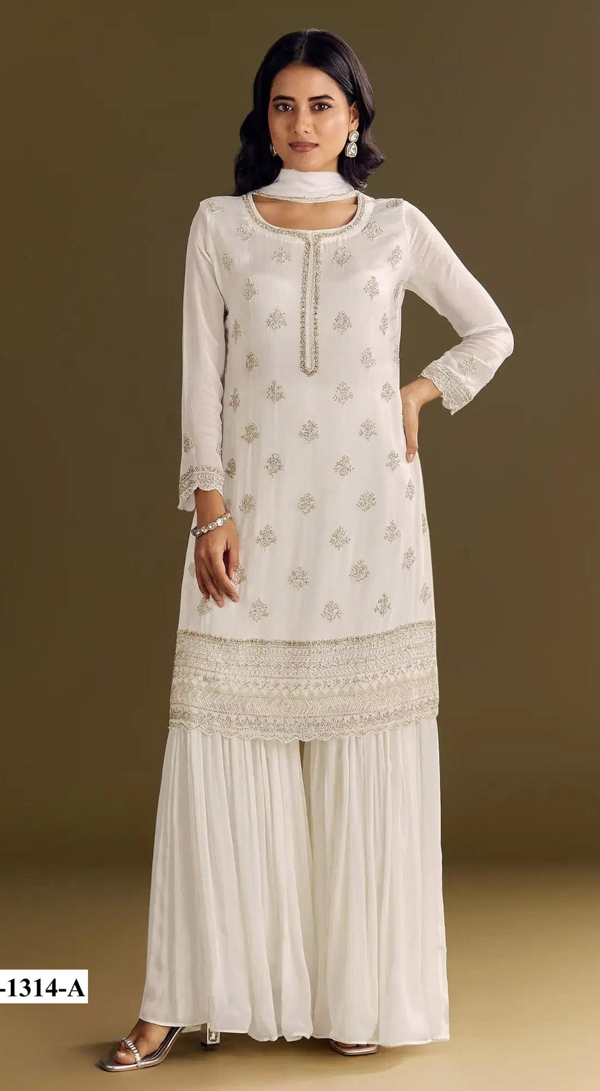 Anaita White Heavy Chinon Suit With Embroidery Bits Work | Grocsy
