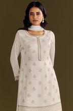 Anaita White Heavy Chinon Suit With Embroidery Bits Work | Grocsy