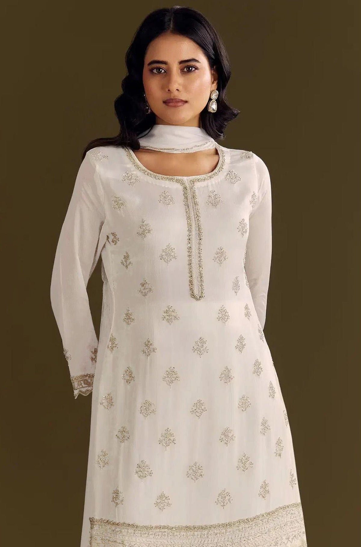 Anaita White Heavy Chinon Suit With Embroidery Bits Work | Grocsy