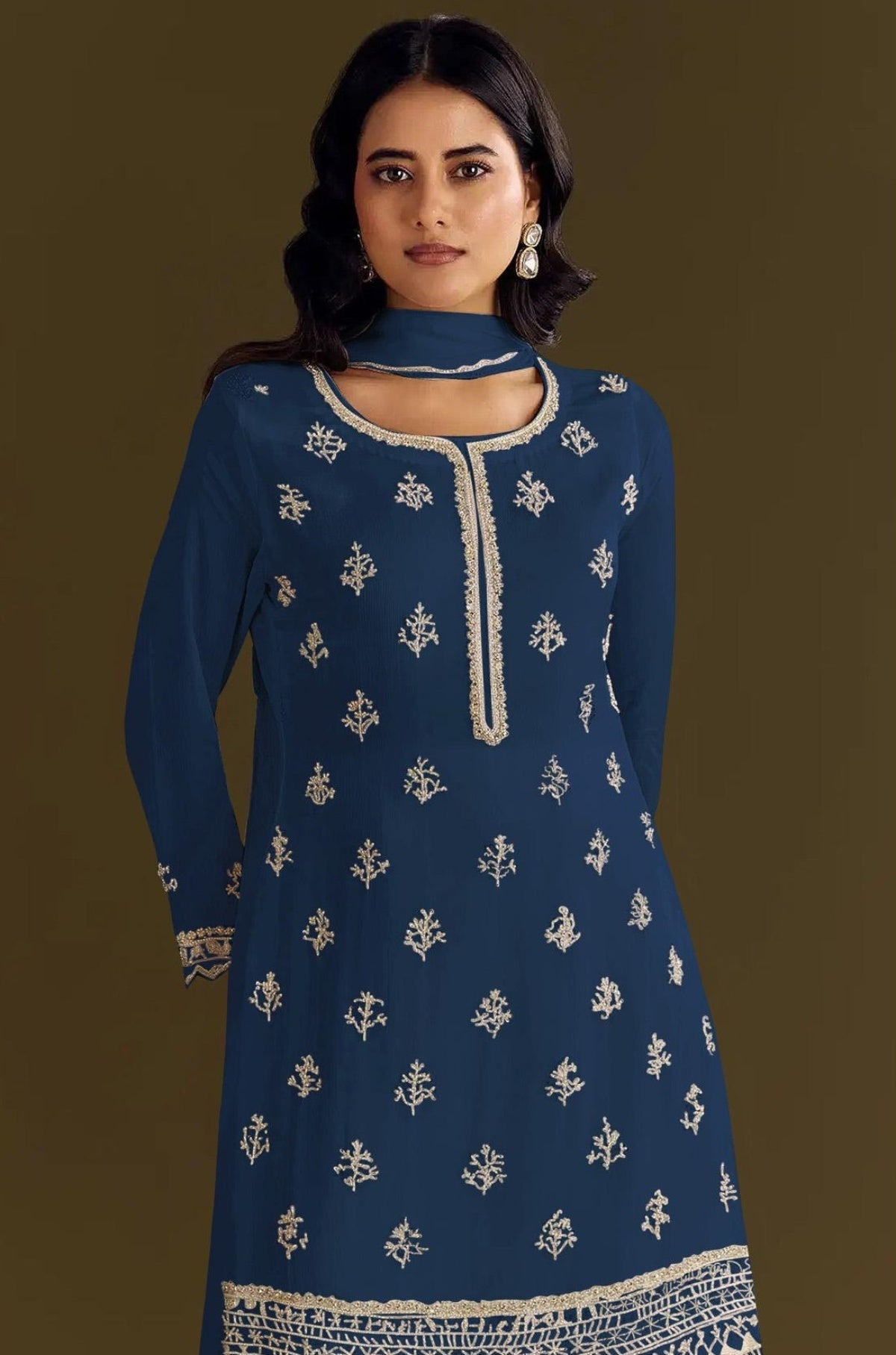 Anaita Navy Blue Heavy Chinon Suit With Embroidery Bits Work | Grocsy