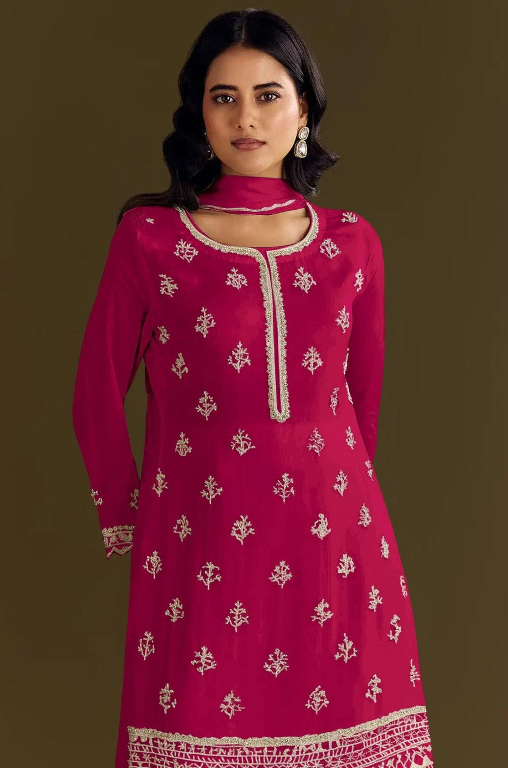 Anaita Red Heavy Chinon Suit With Embroidery Bits Work | Grocsy
