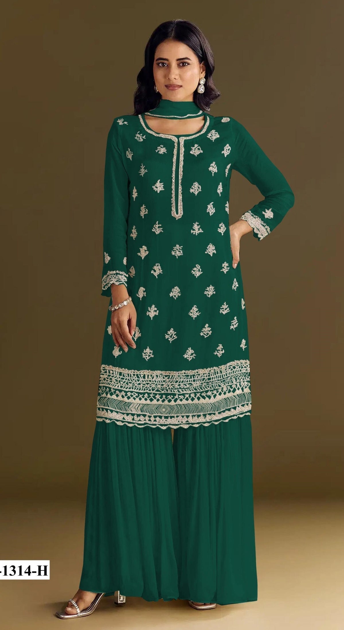 Anaita Dark Green Heavy Chinon Suit With Embroidery Bits Work | Grocsy