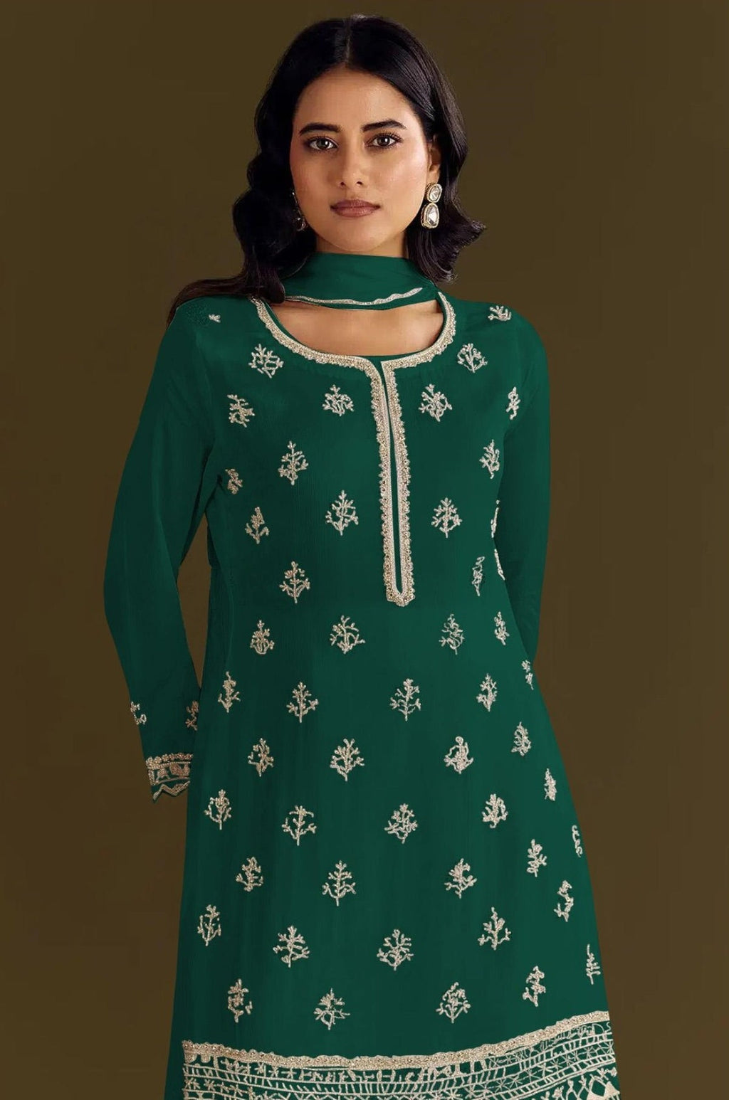 Anaita Dark Green Heavy Chinon Suit With Embroidery Bits Work | Grocsy