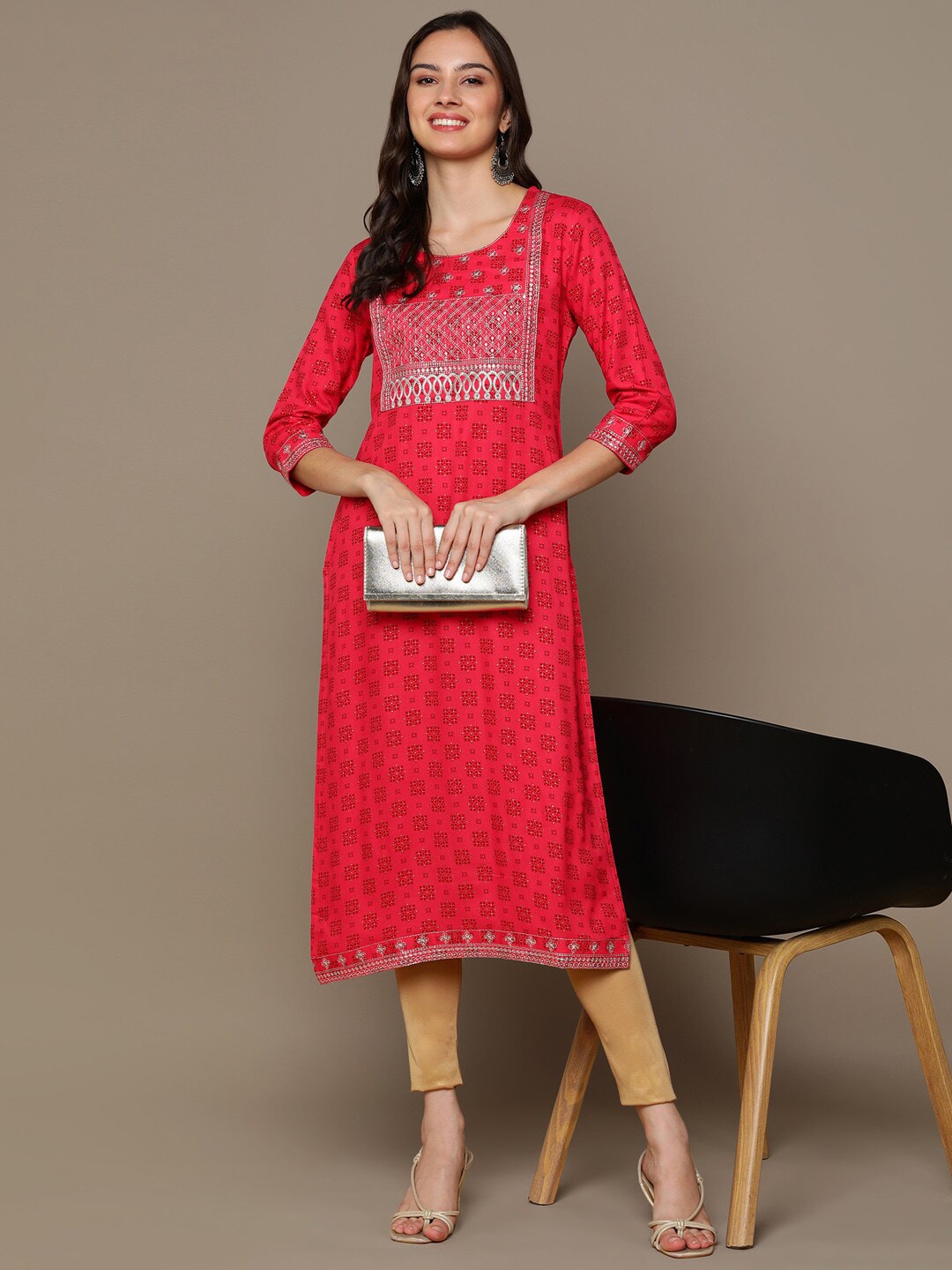 HERE&NOW Ethnic Motifs Printed Sequined Embroidered Straight Kurta | Grocsy