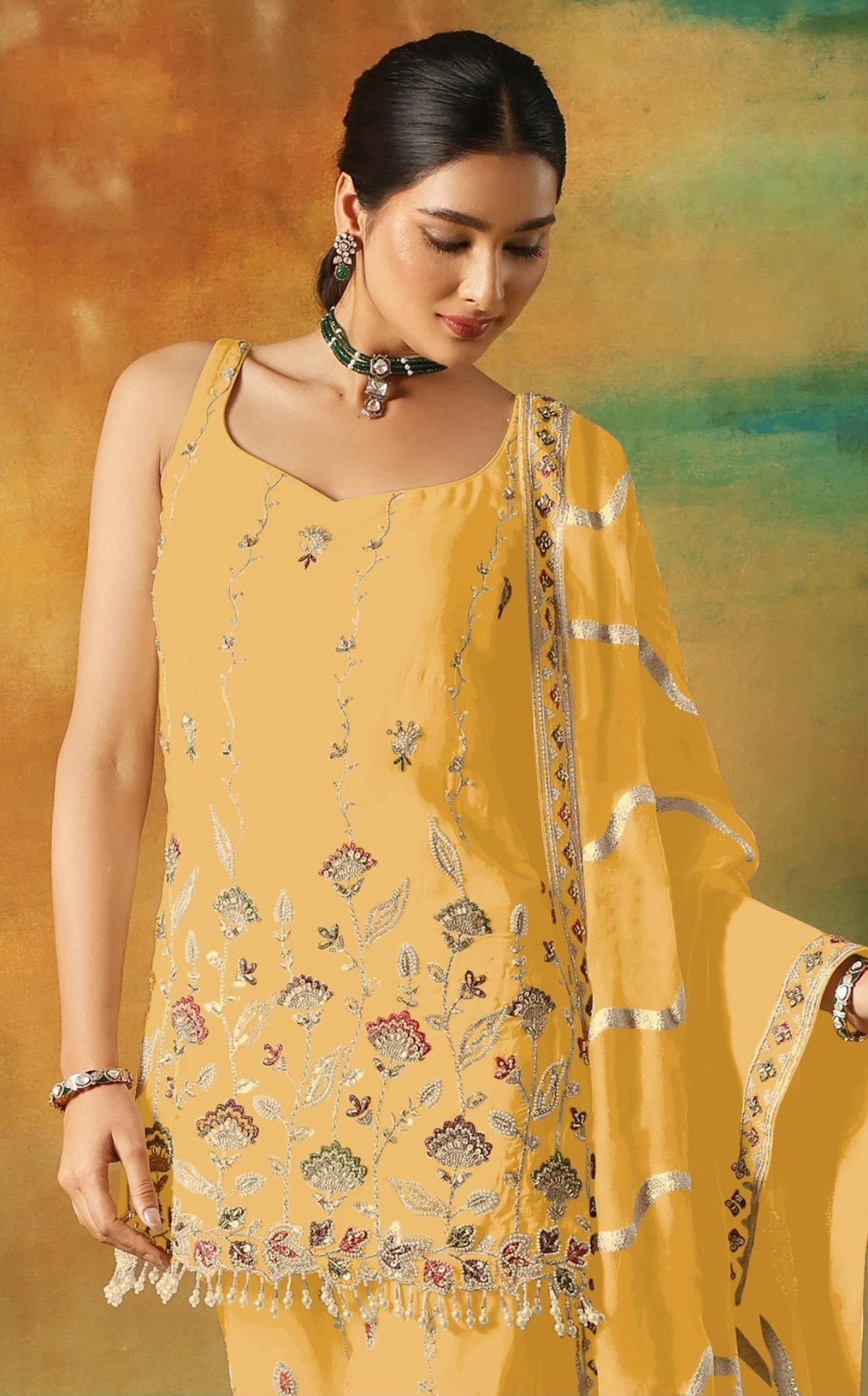 Anaita Yellow Heavy Fox Georgette Suit With Embroidery Work | Grocsy