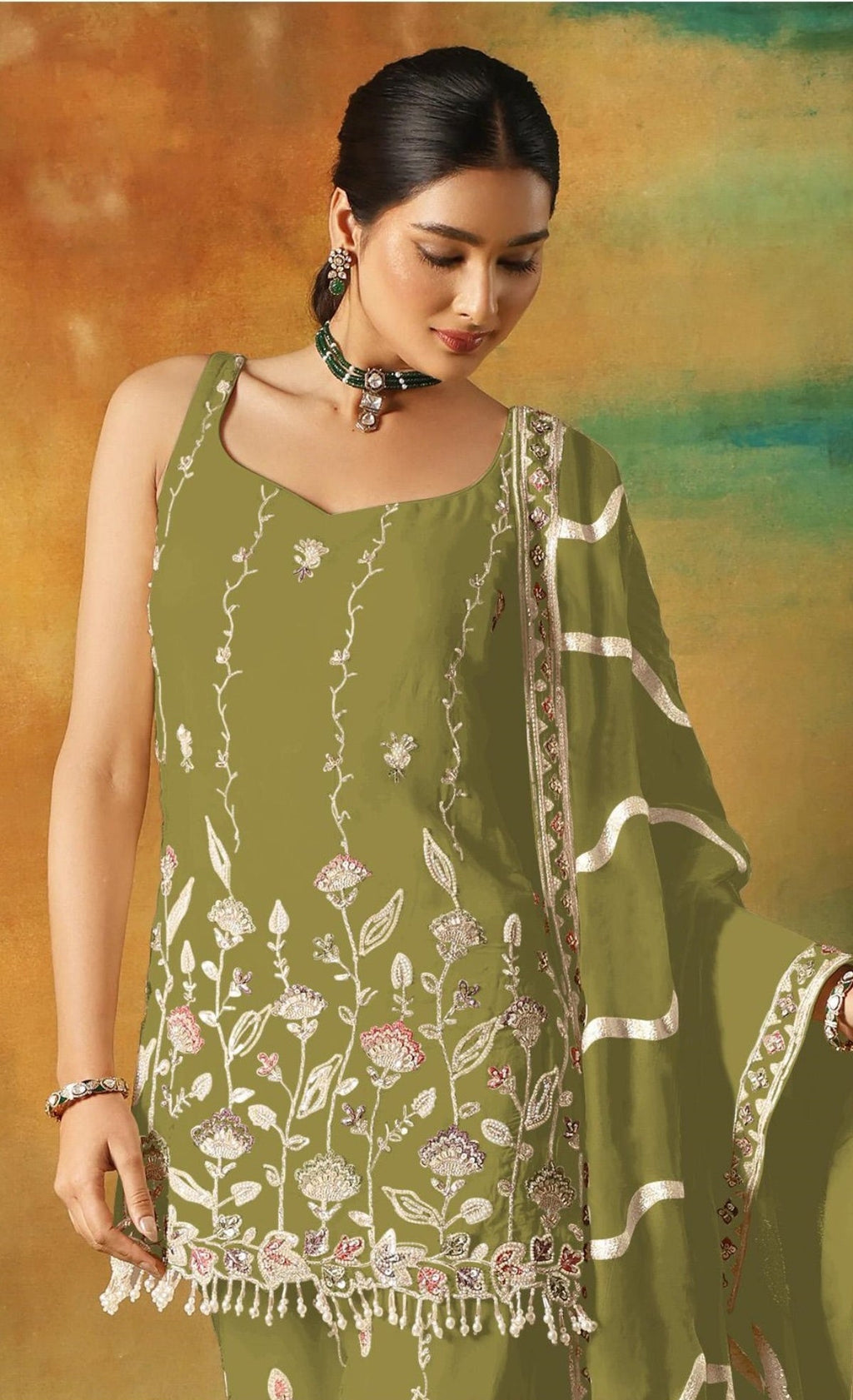 Anaita Parrot Green Heavy Fox Georgette Suit With Embroidery Work | Grocsy