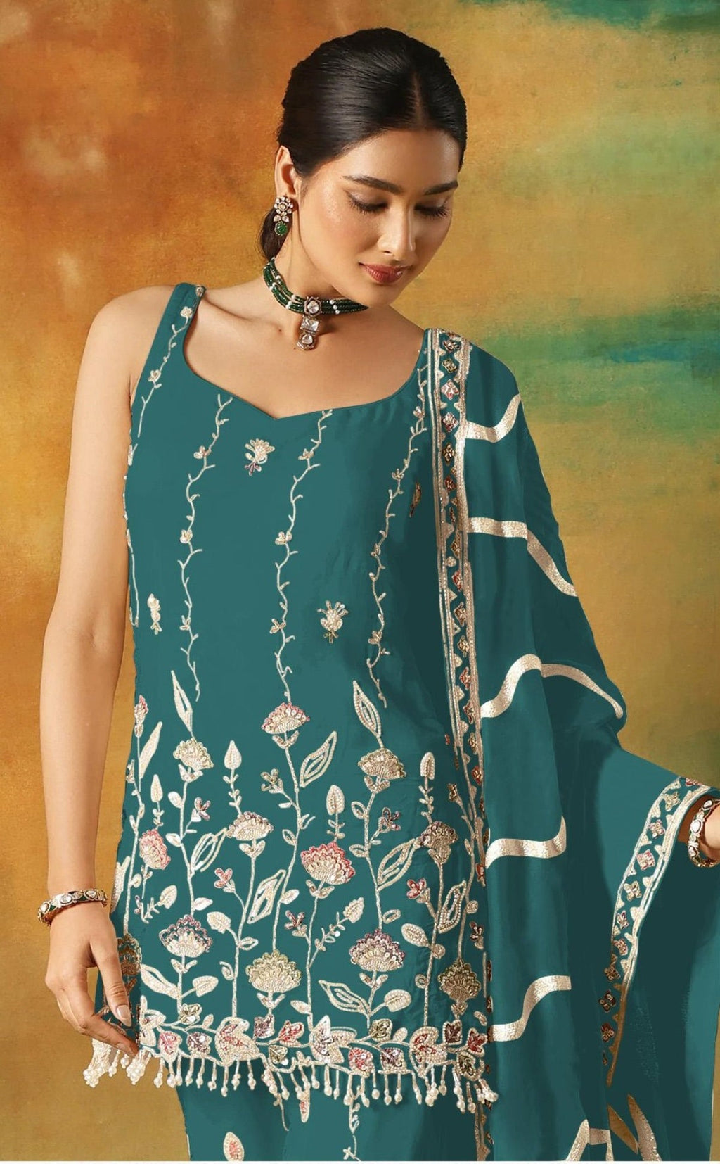 Anaita Teal Blue Heavy Fox Georgette Suit With Embroidery Work | Grocsy