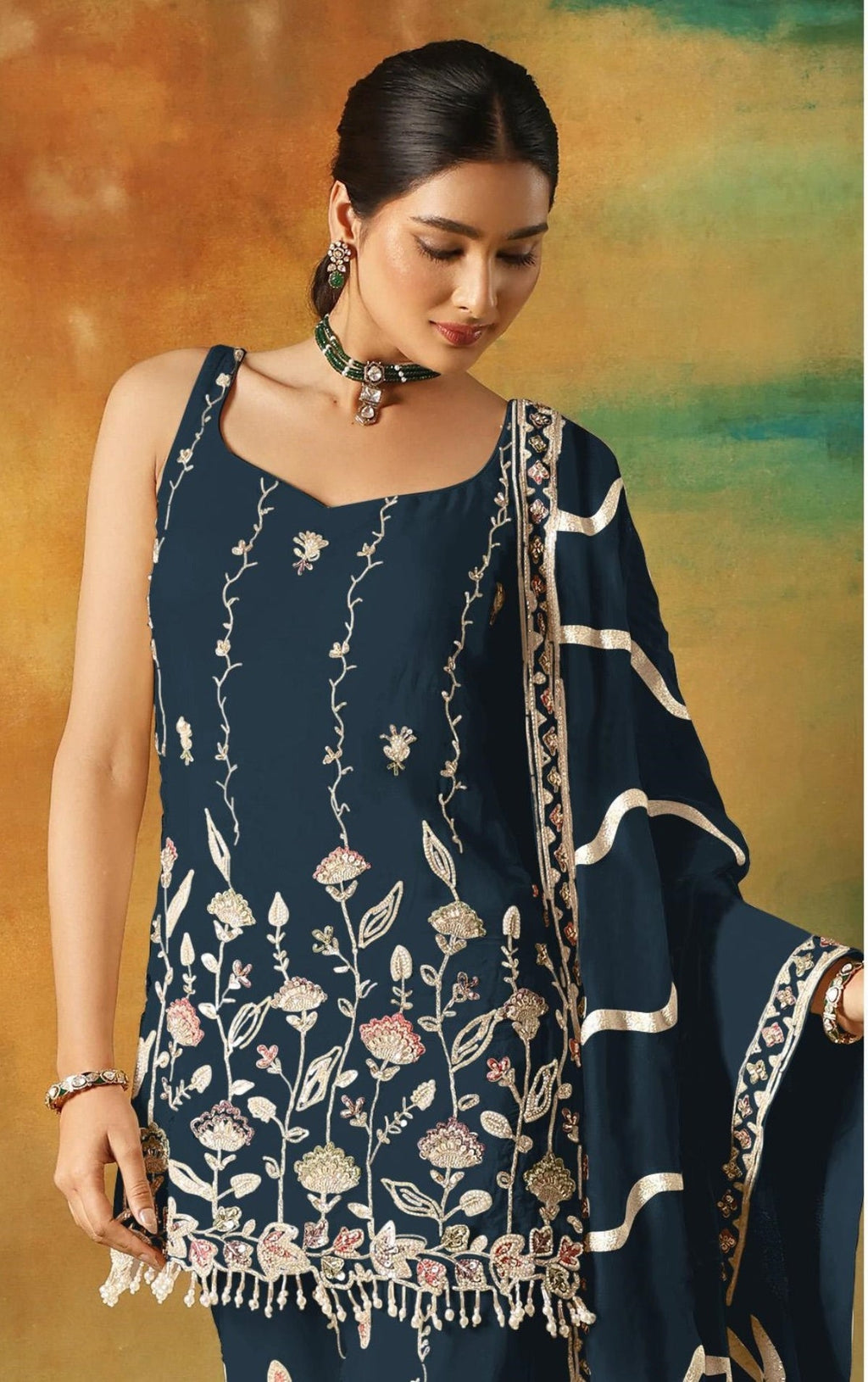 Anaita Navy Heavy Fox Georgette Suit With Embroidery Work | Grocsy