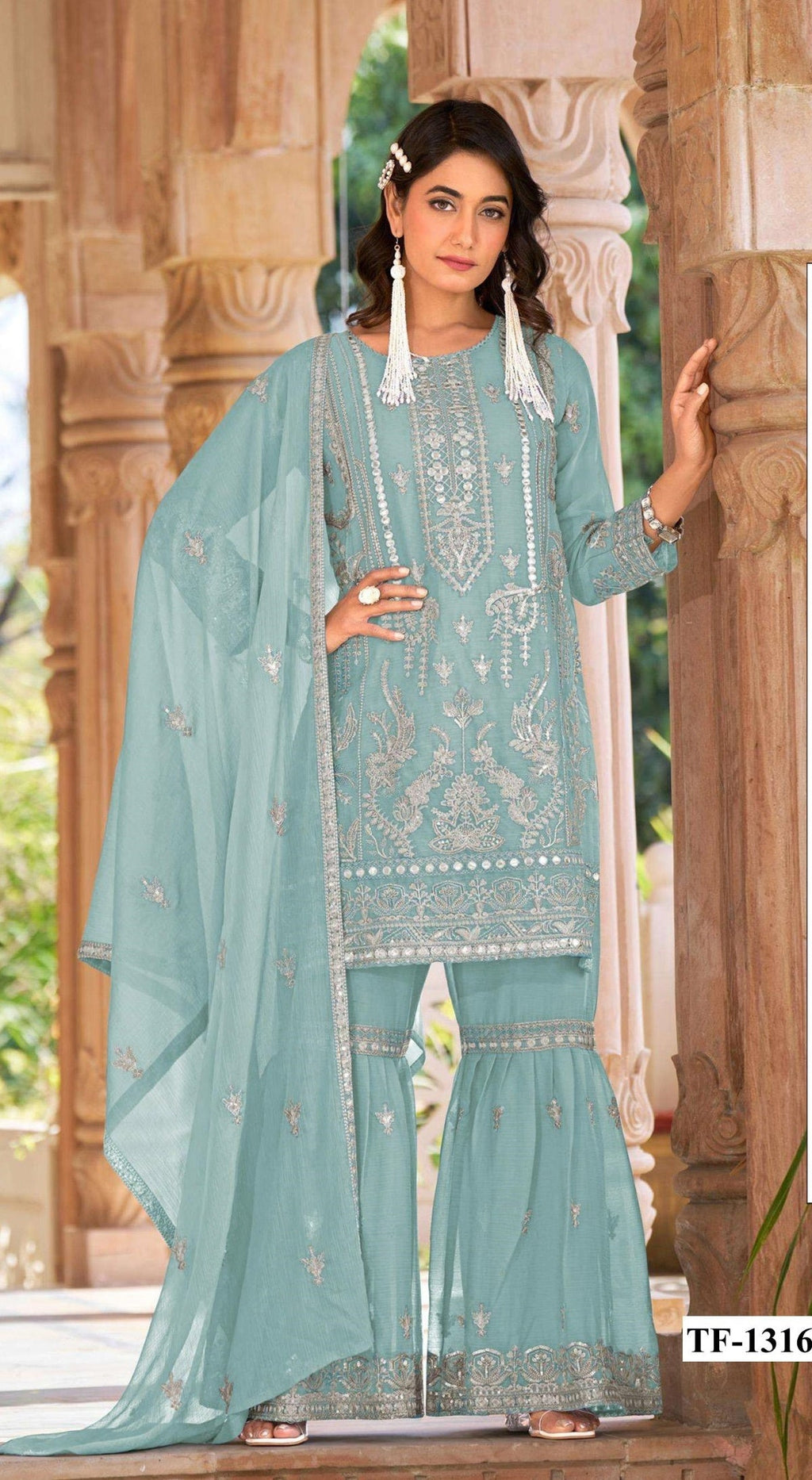 Anaita Sky Blue Nylon Organza Suit With Embroidery & Mirror Work | Grocsy